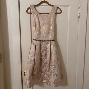 Formal Eliza J fit and flare white and metallic knee length dress